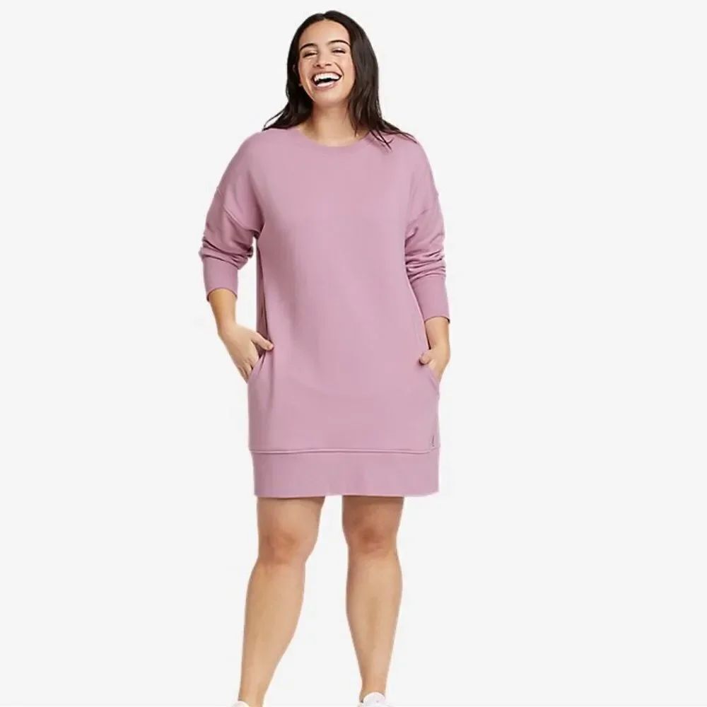 EB XL Tearose Pink Cozy Camp Stretch Long Sleeve Sweatshirt Dress with Pockets